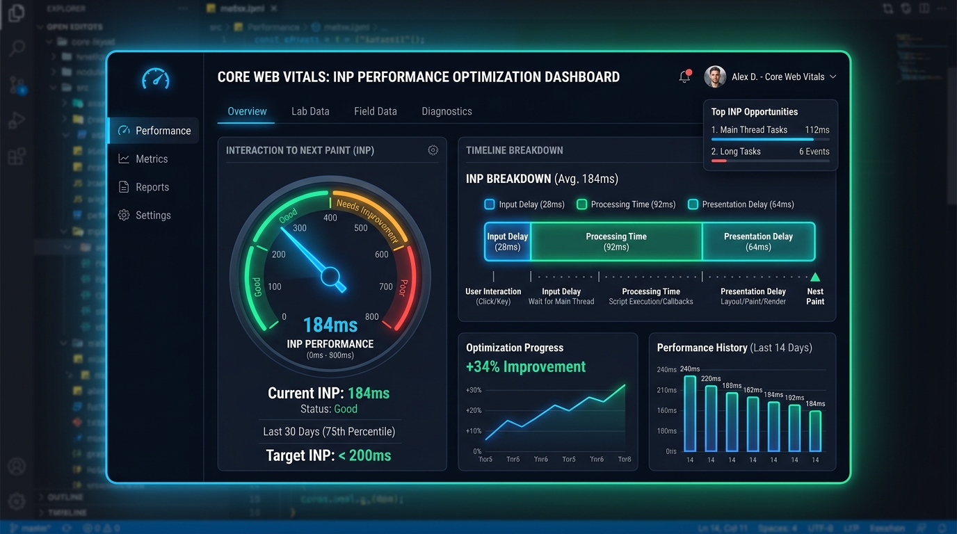 Interaction to Next Paint INP Core Web Vitals performance breakdown dashboard