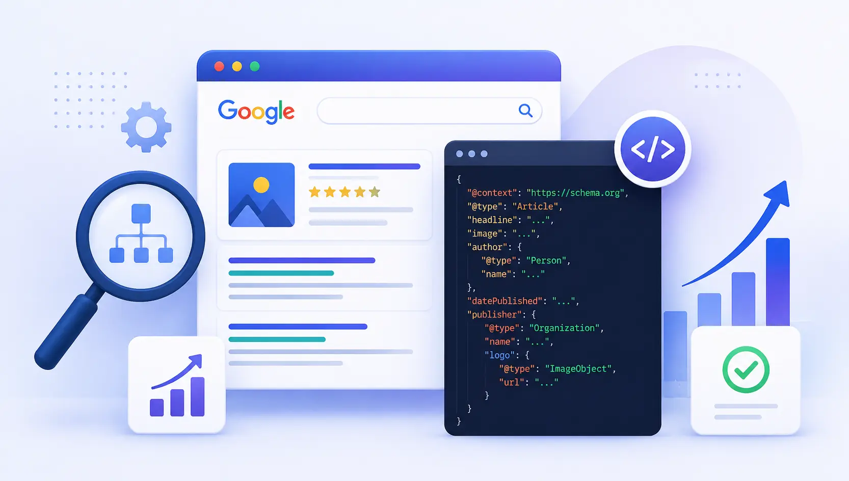 Structured data (schema markup) connecting a website to rich results in search