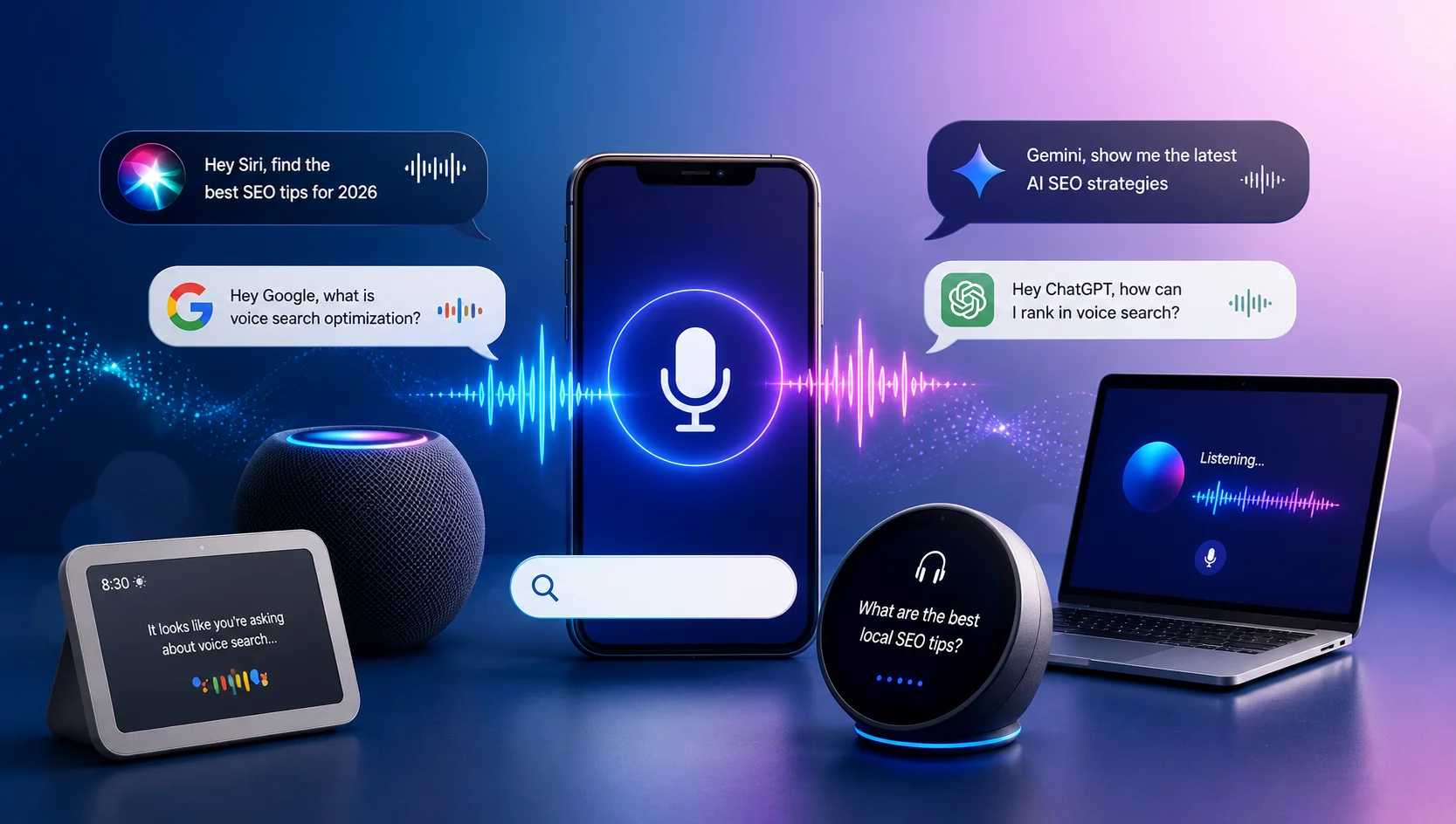 Visualizing voice search optimization and conversational SEO with digital voice waves and AI assistant dashboard