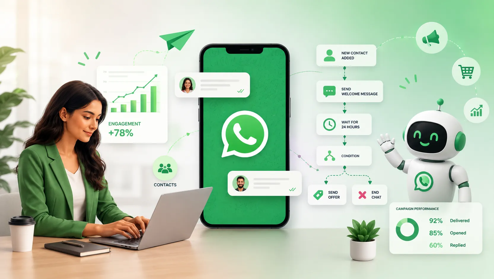 WhatsApp marketing automation strategy and workflow dashboard