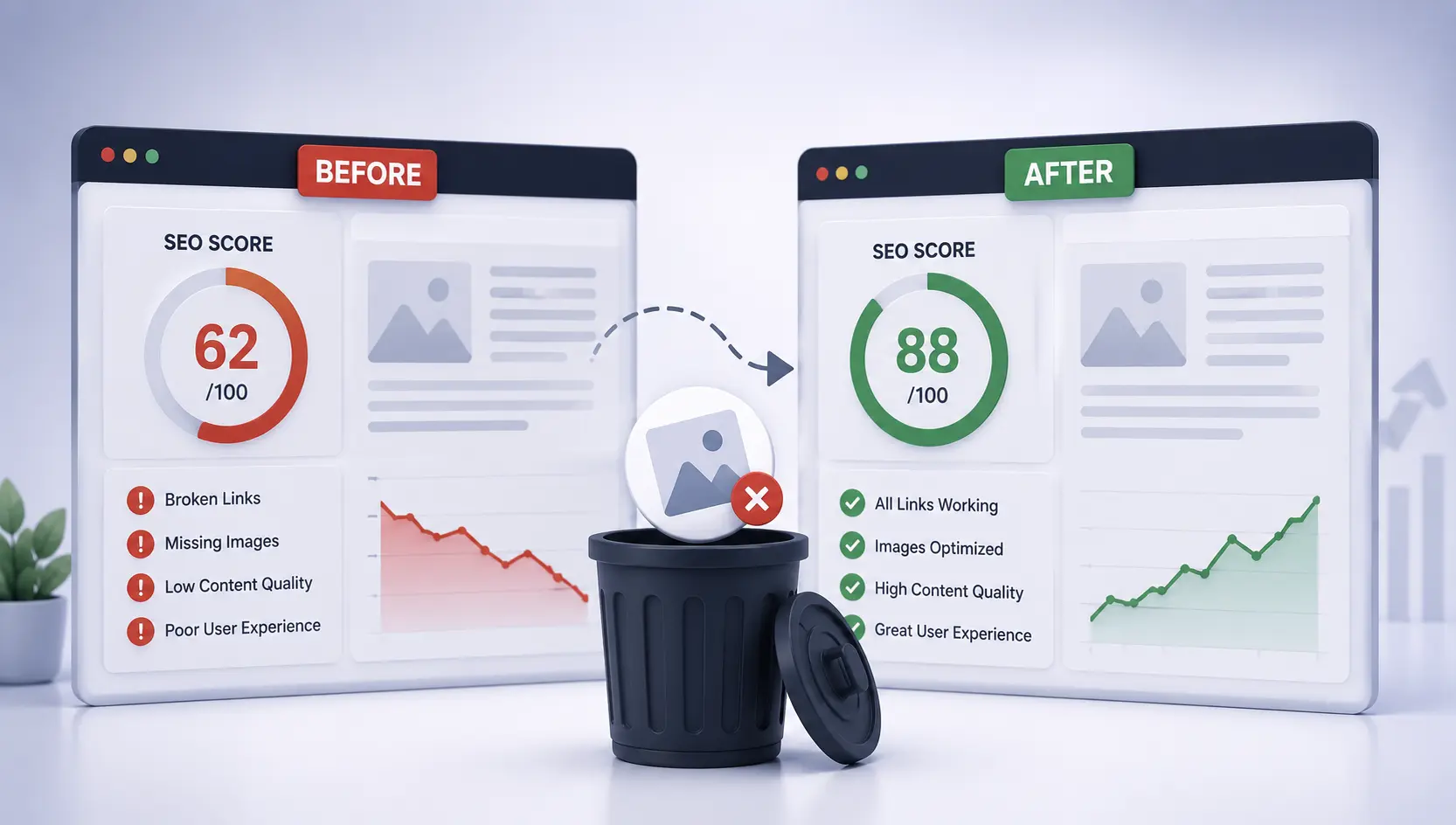 Before and after SEO score comparison showing a WordPress site improving from 62 to 88 out of 100 after fixing broken links and missing images